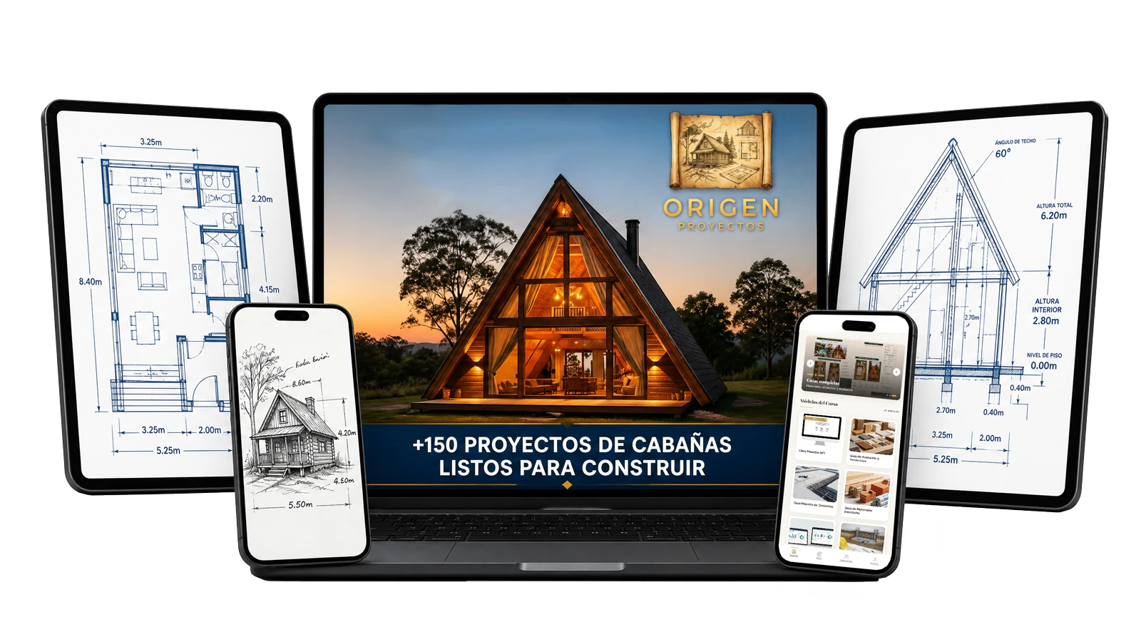 Mockup de planos de cabañas en múltiples dispositivos